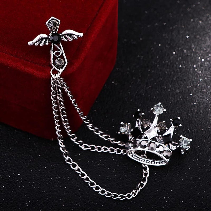 Uarein Cross Crown Long Chain Brooch, Rhinestone Tassel Brooch Pin,Retro Crystal Suit Pins Collar Pin,Coat Tassel Chain Lapel Pins for Men's Suit Accessories - Image 4